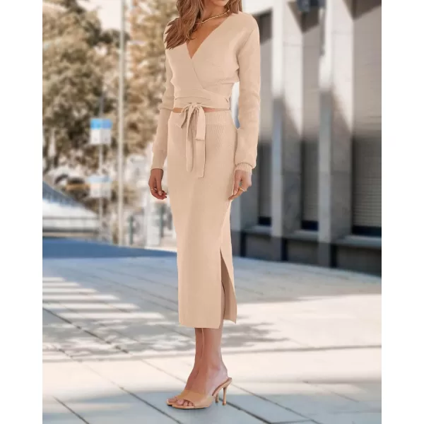 imagePRETTYGARDEN Women Fall 2 Piece Outfits Sweater Long Sleeve Wrap V Neck Belted Backless Top Bodycon Slit Midi Skirt SetSolid Apricot