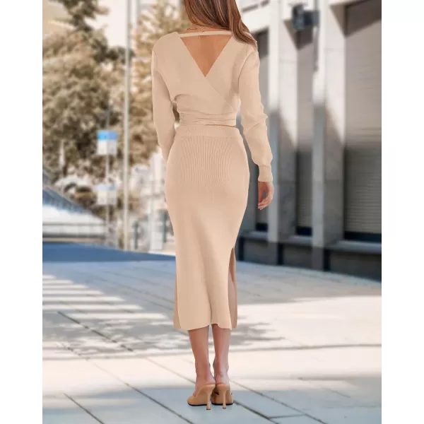 imagePRETTYGARDEN Women Fall 2 Piece Outfits Sweater Long Sleeve Wrap V Neck Belted Backless Top Bodycon Slit Midi Skirt SetSolid Apricot