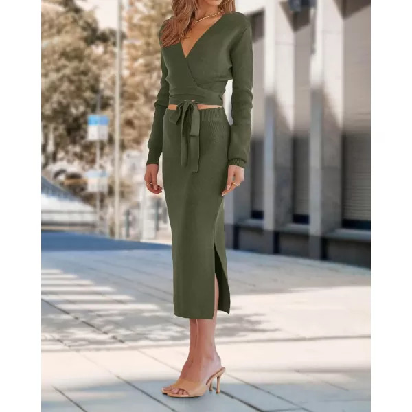 imagePRETTYGARDEN Women Fall 2 Piece Outfits Sweater Long Sleeve Wrap V Neck Belted Backless Top Bodycon Slit Midi Skirt SetSolid Army Green