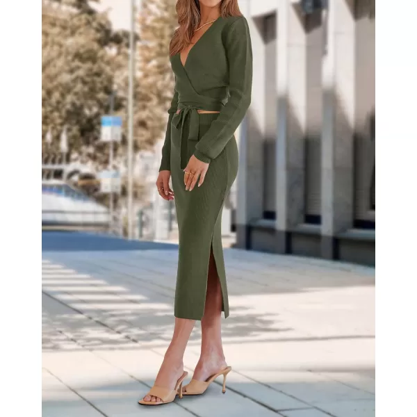 imagePRETTYGARDEN Women Fall 2 Piece Outfits Sweater Long Sleeve Wrap V Neck Belted Backless Top Bodycon Slit Midi Skirt SetSolid Army Green