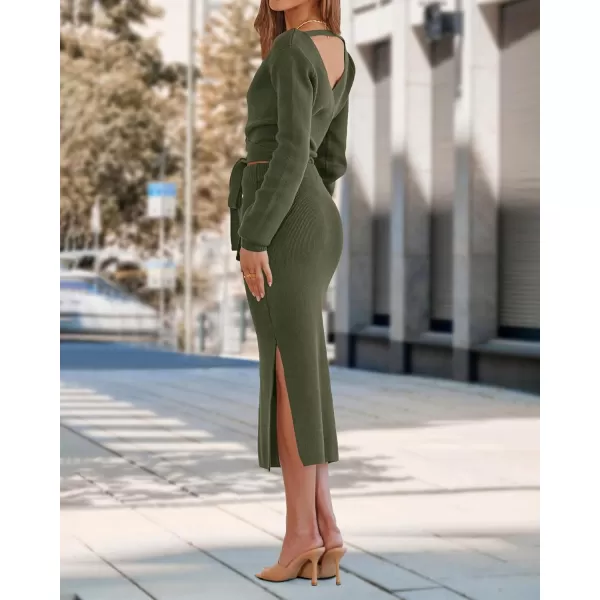 imagePRETTYGARDEN Women Fall 2 Piece Outfits Sweater Long Sleeve Wrap V Neck Belted Backless Top Bodycon Slit Midi Skirt SetSolid Army Green