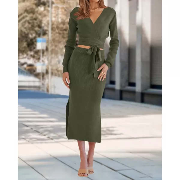 imagePRETTYGARDEN Women Fall 2 Piece Outfits Sweater Long Sleeve Wrap V Neck Belted Backless Top Bodycon Slit Midi Skirt SetSolid Army Green