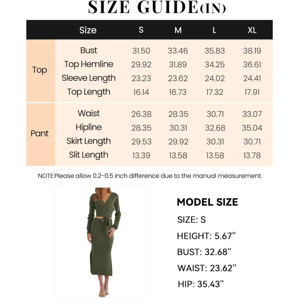 imagePRETTYGARDEN Women Fall 2 Piece Outfits Sweater Long Sleeve Wrap V Neck Belted Backless Top Bodycon Slit Midi Skirt SetSolid Army Green