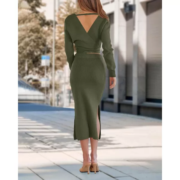 imagePRETTYGARDEN Women Fall 2 Piece Outfits Sweater Long Sleeve Wrap V Neck Belted Backless Top Bodycon Slit Midi Skirt SetSolid Army Green