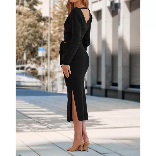 imagePRETTYGARDEN Women Fall 2 Piece Outfits Sweater Long Sleeve Wrap V Neck Belted Backless Top Bodycon Slit Midi Skirt SetSolid Black