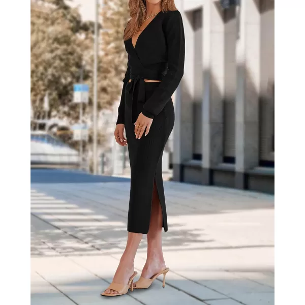 imagePRETTYGARDEN Women Fall 2 Piece Outfits Sweater Long Sleeve Wrap V Neck Belted Backless Top Bodycon Slit Midi Skirt SetSolid Black