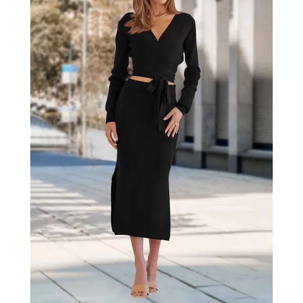imagePRETTYGARDEN Women Fall 2 Piece Outfits Sweater Long Sleeve Wrap V Neck Belted Backless Top Bodycon Slit Midi Skirt SetSolid Black