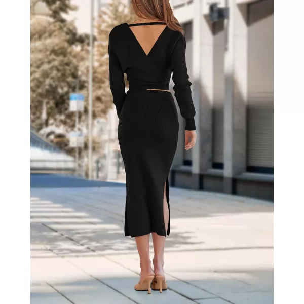 imagePRETTYGARDEN Women Fall 2 Piece Outfits Sweater Long Sleeve Wrap V Neck Belted Backless Top Bodycon Slit Midi Skirt SetSolid Black