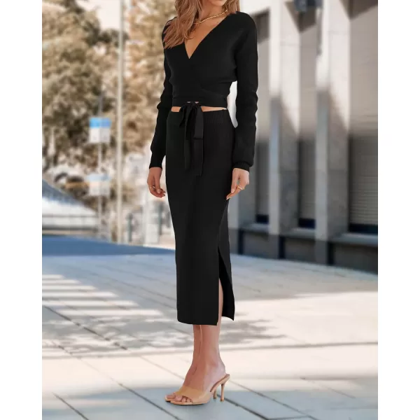 imagePRETTYGARDEN Women Fall 2 Piece Outfits Sweater Long Sleeve Wrap V Neck Belted Backless Top Bodycon Slit Midi Skirt SetSolid Black