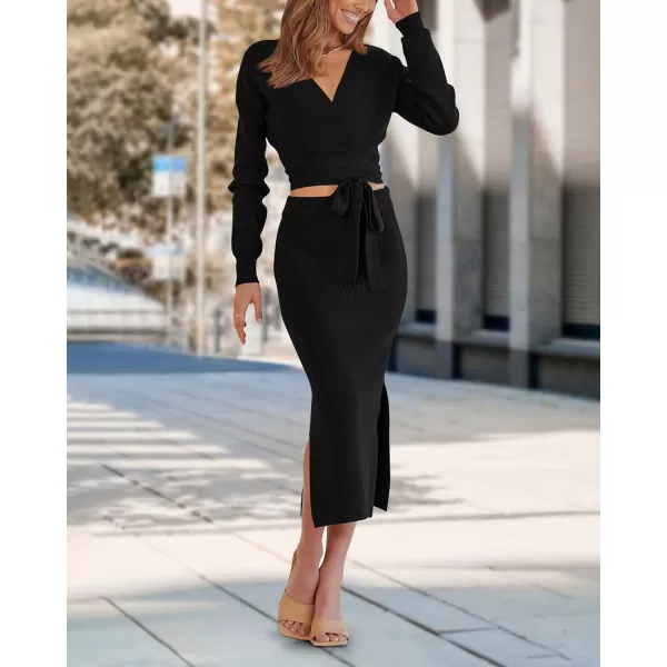 imagePRETTYGARDEN Women Fall 2 Piece Outfits Sweater Long Sleeve Wrap V Neck Belted Backless Top Bodycon Slit Midi Skirt SetSolid Black