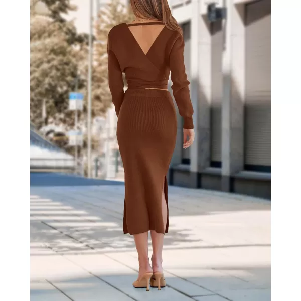 imagePRETTYGARDEN Women Fall 2 Piece Outfits Sweater Long Sleeve Wrap V Neck Belted Backless Top Bodycon Slit Midi Skirt SetSolid Brown