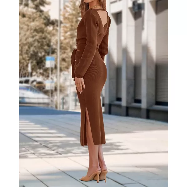 imagePRETTYGARDEN Women Fall 2 Piece Outfits Sweater Long Sleeve Wrap V Neck Belted Backless Top Bodycon Slit Midi Skirt SetSolid Brown