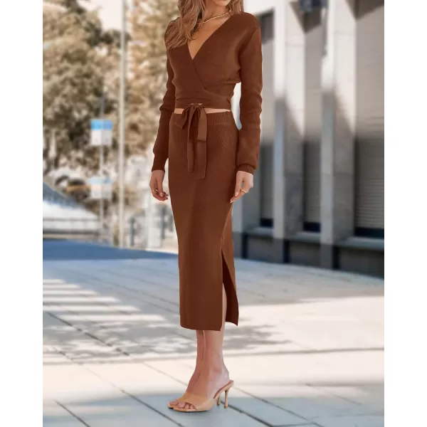 imagePRETTYGARDEN Women Fall 2 Piece Outfits Sweater Long Sleeve Wrap V Neck Belted Backless Top Bodycon Slit Midi Skirt SetSolid Brown