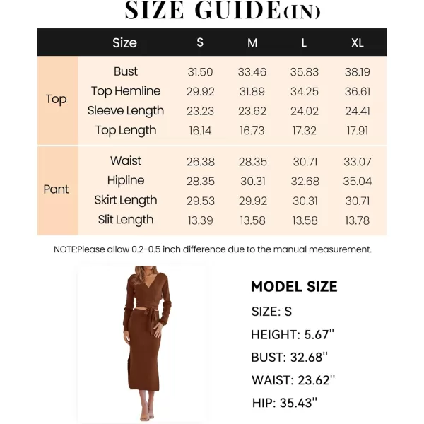 imagePRETTYGARDEN Women Fall 2 Piece Outfits Sweater Long Sleeve Wrap V Neck Belted Backless Top Bodycon Slit Midi Skirt SetSolid Brown