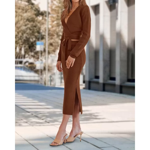 imagePRETTYGARDEN Women Fall 2 Piece Outfits Sweater Long Sleeve Wrap V Neck Belted Backless Top Bodycon Slit Midi Skirt SetSolid Brown