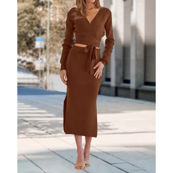 imagePRETTYGARDEN Women Fall 2 Piece Outfits Sweater Long Sleeve Wrap V Neck Belted Backless Top Bodycon Slit Midi Skirt SetSolid Brown