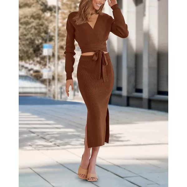 imagePRETTYGARDEN Women Fall 2 Piece Outfits Sweater Long Sleeve Wrap V Neck Belted Backless Top Bodycon Slit Midi Skirt SetSolid Brown