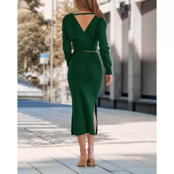 imagePRETTYGARDEN Women Fall 2 Piece Outfits Sweater Long Sleeve Wrap V Neck Belted Backless Top Bodycon Slit Midi Skirt SetSolid Dark Green