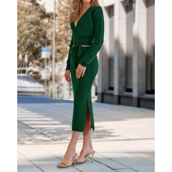 imagePRETTYGARDEN Women Fall 2 Piece Outfits Sweater Long Sleeve Wrap V Neck Belted Backless Top Bodycon Slit Midi Skirt SetSolid Dark Green