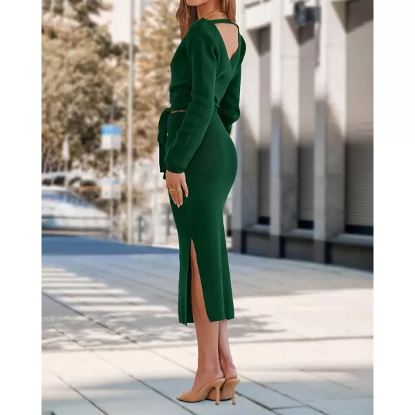 imagePRETTYGARDEN Women Fall 2 Piece Outfits Sweater Long Sleeve Wrap V Neck Belted Backless Top Bodycon Slit Midi Skirt SetSolid Dark Green