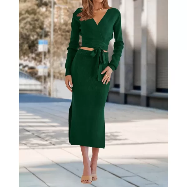 imagePRETTYGARDEN Women Fall 2 Piece Outfits Sweater Long Sleeve Wrap V Neck Belted Backless Top Bodycon Slit Midi Skirt SetSolid Dark Green