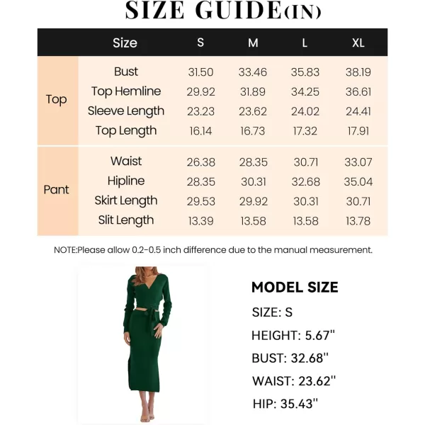 imagePRETTYGARDEN Women Fall 2 Piece Outfits Sweater Long Sleeve Wrap V Neck Belted Backless Top Bodycon Slit Midi Skirt SetSolid Dark Green