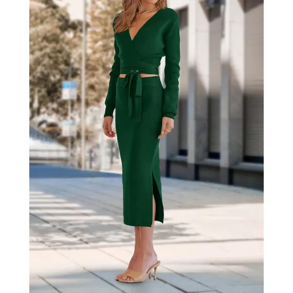 imagePRETTYGARDEN Women Fall 2 Piece Outfits Sweater Long Sleeve Wrap V Neck Belted Backless Top Bodycon Slit Midi Skirt SetSolid Dark Green
