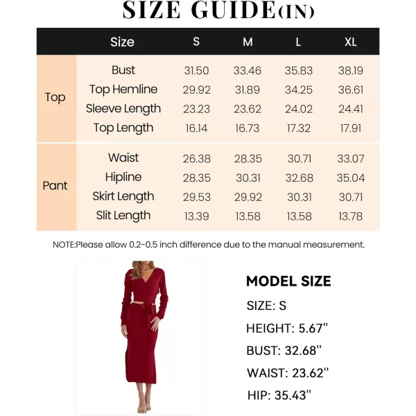 imagePRETTYGARDEN Women Fall 2 Piece Outfits Sweater Long Sleeve Wrap V Neck Belted Backless Top Bodycon Slit Midi Skirt SetSolid Wine Red