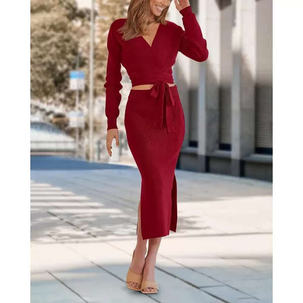 imagePRETTYGARDEN Women Fall 2 Piece Outfits Sweater Long Sleeve Wrap V Neck Belted Backless Top Bodycon Slit Midi Skirt SetSolid Wine Red