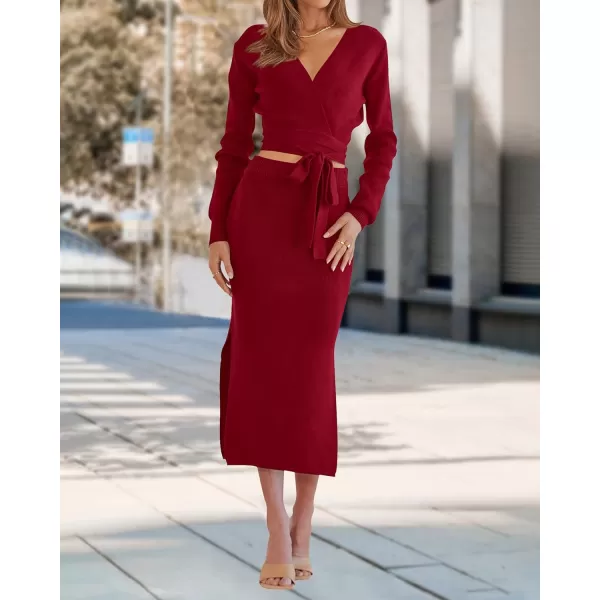 imagePRETTYGARDEN Women Fall 2 Piece Outfits Sweater Long Sleeve Wrap V Neck Belted Backless Top Bodycon Slit Midi Skirt SetSolid Wine Red