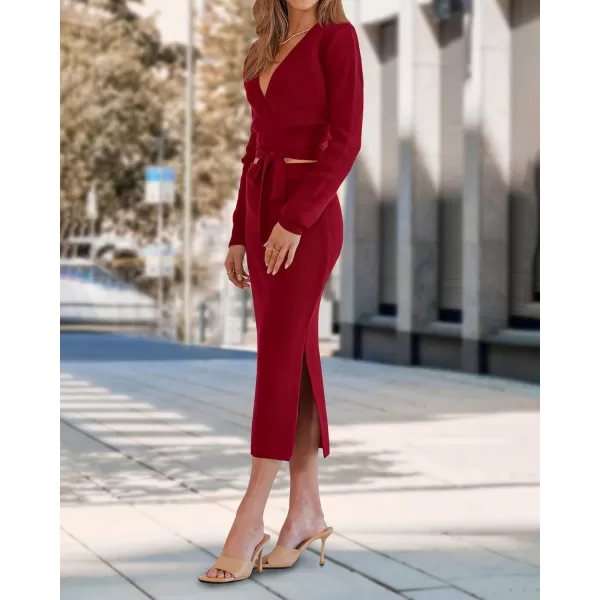 imagePRETTYGARDEN Women Fall 2 Piece Outfits Sweater Long Sleeve Wrap V Neck Belted Backless Top Bodycon Slit Midi Skirt SetSolid Wine Red