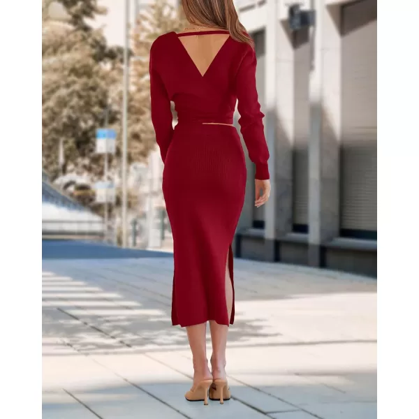 imagePRETTYGARDEN Women Fall 2 Piece Outfits Sweater Long Sleeve Wrap V Neck Belted Backless Top Bodycon Slit Midi Skirt SetSolid Wine Red