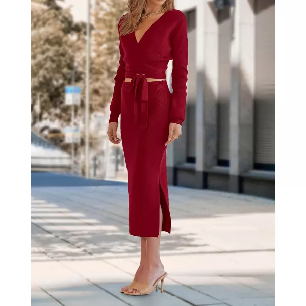 imagePRETTYGARDEN Women Fall 2 Piece Outfits Sweater Long Sleeve Wrap V Neck Belted Backless Top Bodycon Slit Midi Skirt SetSolid Wine Red