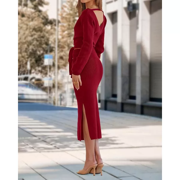 imagePRETTYGARDEN Women Fall 2 Piece Outfits Sweater Long Sleeve Wrap V Neck Belted Backless Top Bodycon Slit Midi Skirt SetSolid Wine Red