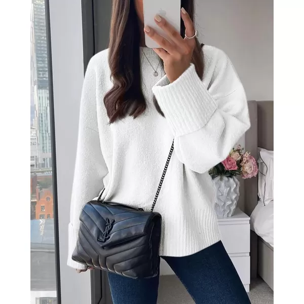 imagePRETTYGARDEN Women Fall Oversized Sweaters Casual Crewneck Pullover Long Sleeve Fuzzy Chunky Knit Tops BlouseBeige White