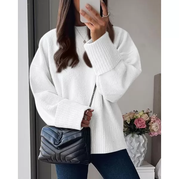 imagePRETTYGARDEN Women Fall Oversized Sweaters Casual Crewneck Pullover Long Sleeve Fuzzy Chunky Knit Tops BlouseBeige White