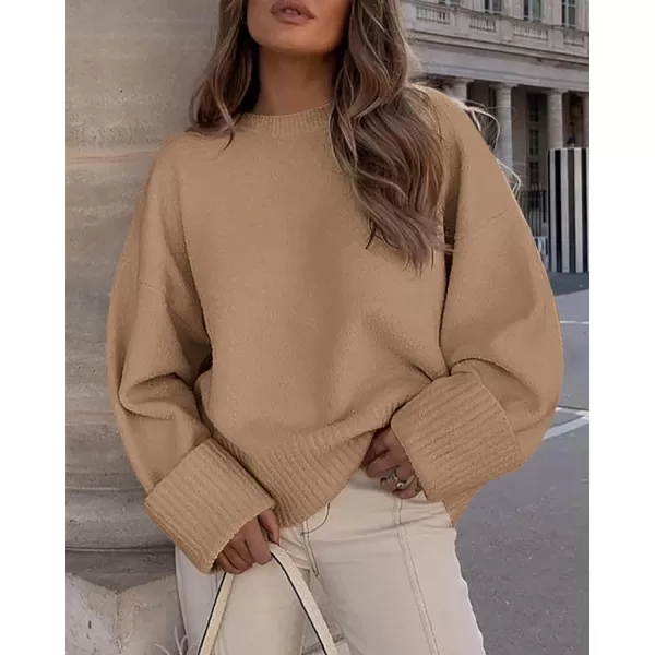 imagePRETTYGARDEN Women Fall Oversized Sweaters Casual Crewneck Pullover Long Sleeve Fuzzy Chunky Knit Tops BlouseKhaki