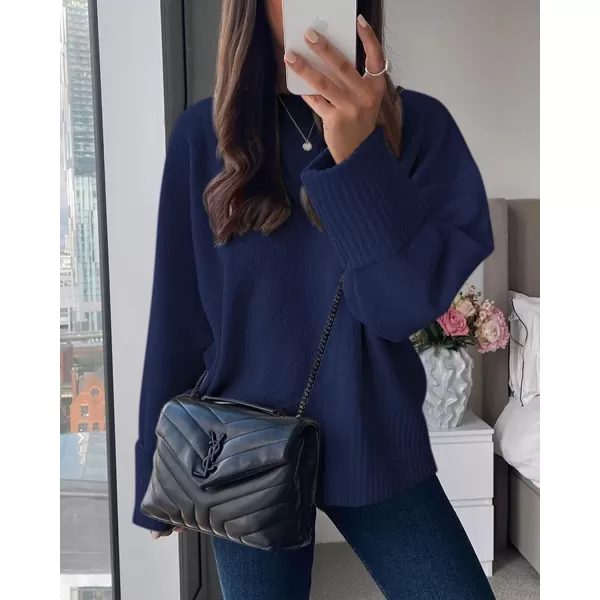 imagePRETTYGARDEN Women Fall Oversized Sweaters Casual Crewneck Pullover Long Sleeve Fuzzy Chunky Knit Tops BlouseNavy