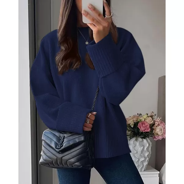 imagePRETTYGARDEN Women Fall Oversized Sweaters Casual Crewneck Pullover Long Sleeve Fuzzy Chunky Knit Tops BlouseNavy