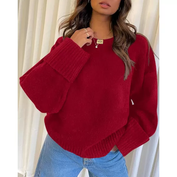 imagePRETTYGARDEN Women Fall Oversized Sweaters Casual Crewneck Pullover Long Sleeve Fuzzy Chunky Knit Tops BlouseRed