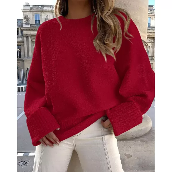 imagePRETTYGARDEN Women Fall Oversized Sweaters Casual Crewneck Pullover Long Sleeve Fuzzy Chunky Knit Tops BlouseRed