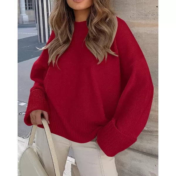 imagePRETTYGARDEN Women Fall Oversized Sweaters Casual Crewneck Pullover Long Sleeve Fuzzy Chunky Knit Tops BlouseRed