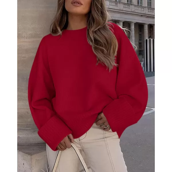 imagePRETTYGARDEN Women Fall Oversized Sweaters Casual Crewneck Pullover Long Sleeve Fuzzy Chunky Knit Tops BlouseRed