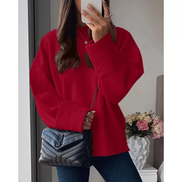 imagePRETTYGARDEN Women Fall Oversized Sweaters Casual Crewneck Pullover Long Sleeve Fuzzy Chunky Knit Tops BlouseRed
