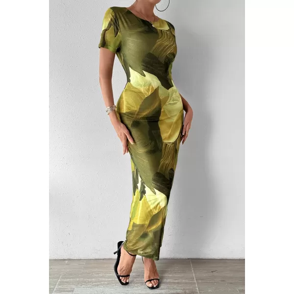 imagePRETTYGARDEN Women Maxi Bodycon Dress Summer Short Sleeve Printed Y2K Long Fitted Pencil Club Party DressesPrint Army Green