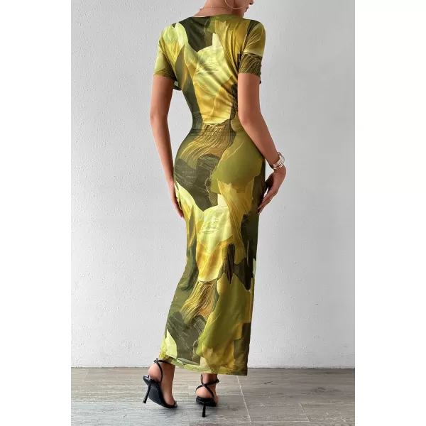imagePRETTYGARDEN Women Maxi Bodycon Dress Summer Short Sleeve Printed Y2K Long Fitted Pencil Club Party DressesPrint Army Green