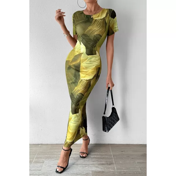 imagePRETTYGARDEN Women Maxi Bodycon Dress Summer Short Sleeve Printed Y2K Long Fitted Pencil Club Party DressesPrint Army Green
