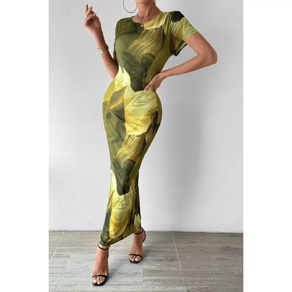 imagePRETTYGARDEN Women Maxi Bodycon Dress Summer Short Sleeve Printed Y2K Long Fitted Pencil Club Party DressesPrint Army Green