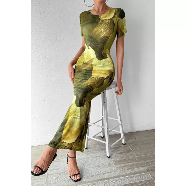 imagePRETTYGARDEN Women Maxi Bodycon Dress Summer Short Sleeve Printed Y2K Long Fitted Pencil Club Party DressesPrint Army Green