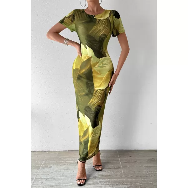 imagePRETTYGARDEN Women Maxi Bodycon Dress Summer Short Sleeve Printed Y2K Long Fitted Pencil Club Party DressesPrint Army Green